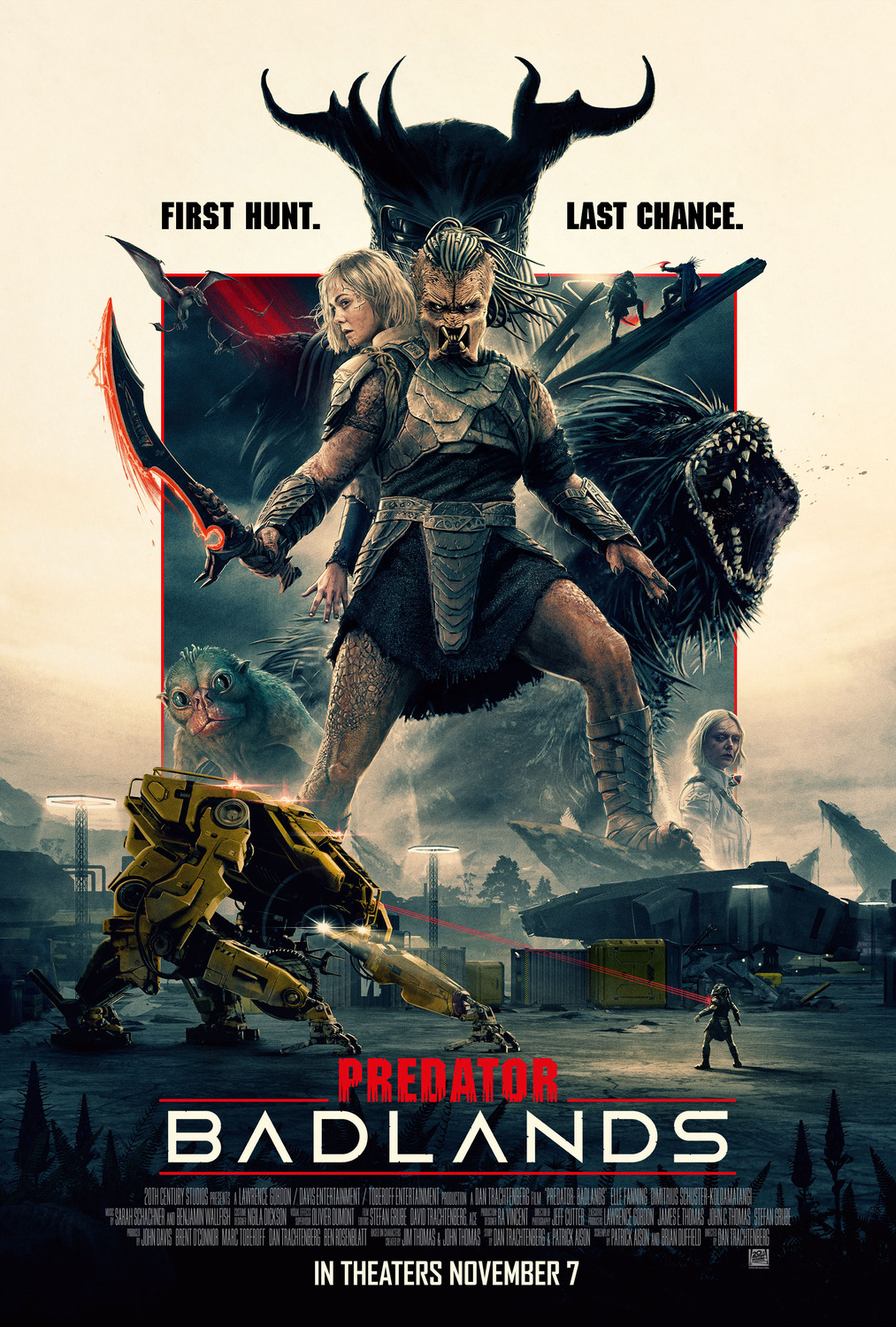 A pyramid of different characters, with Dek the predator standing ferociously, armed with a glowing plasma sword