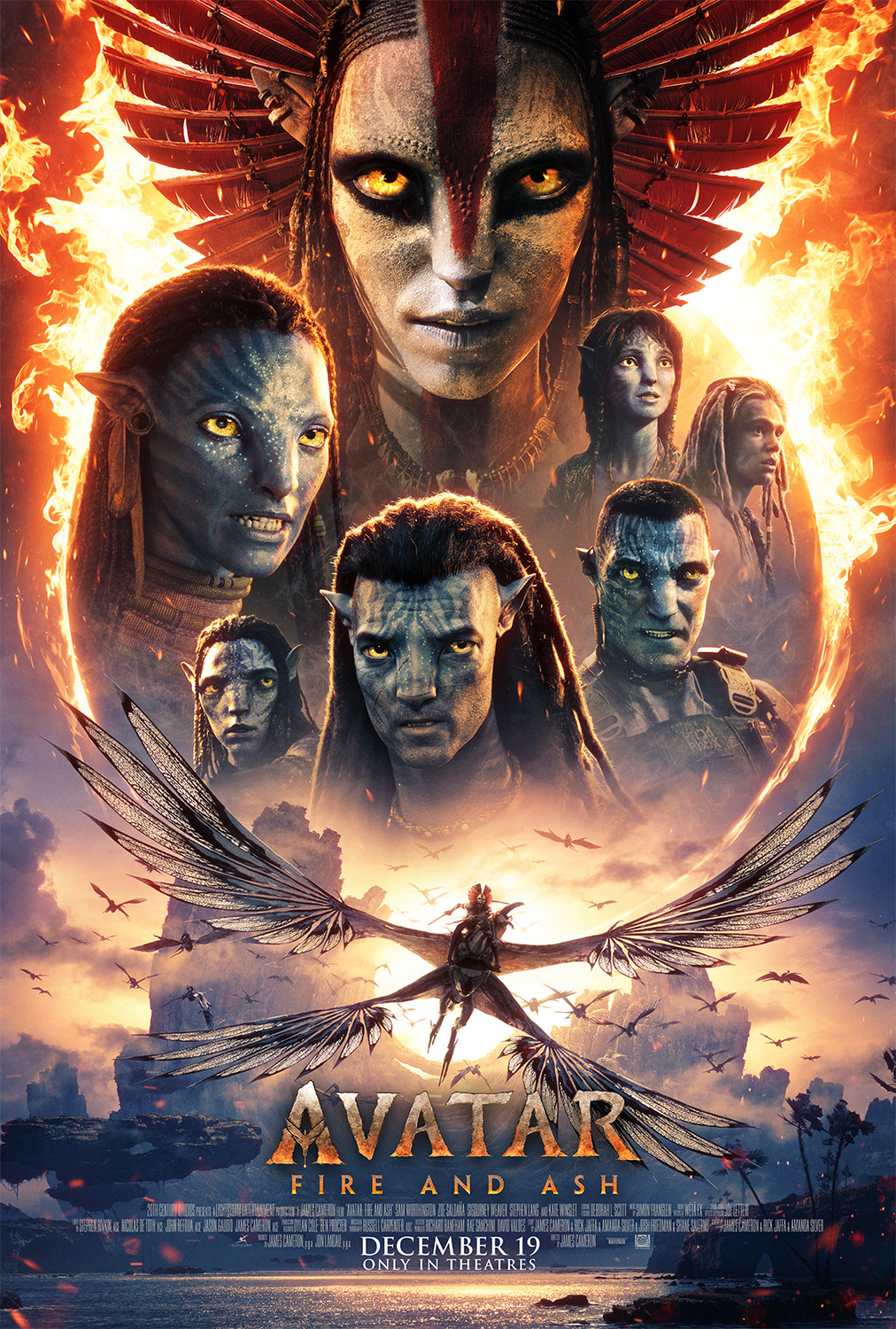 Heads of the various na'vi characters form a pyramid above the outstretched wings of a flying creature