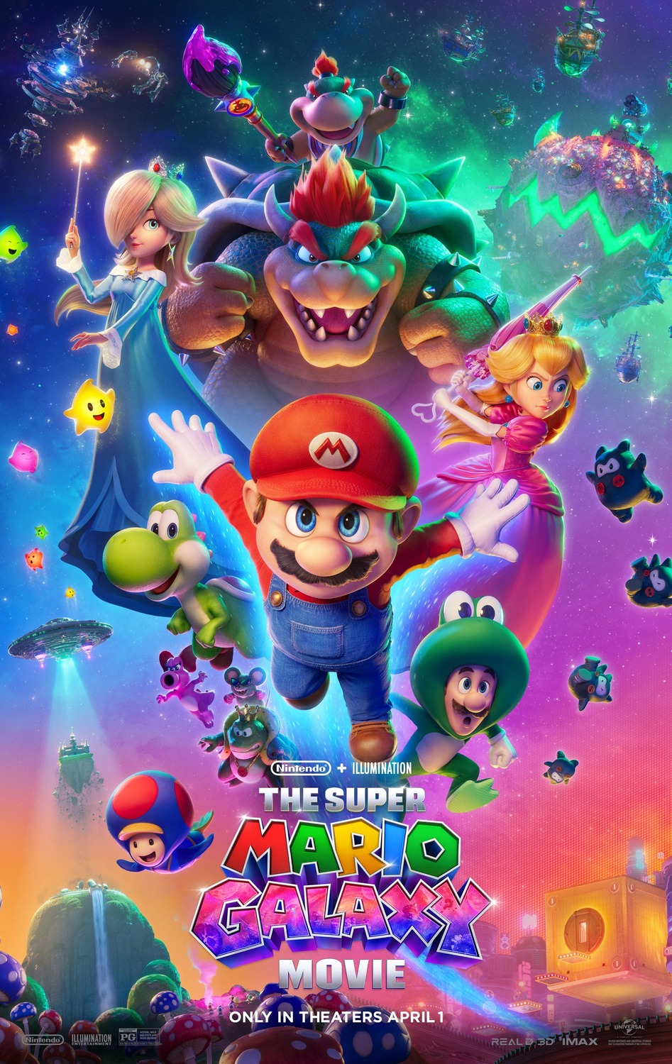 Mario springs into action centre frame, flanked by various Nintendo characters such as Bowser, Princesses Peach and Rosalina, Yoshi and Luigi