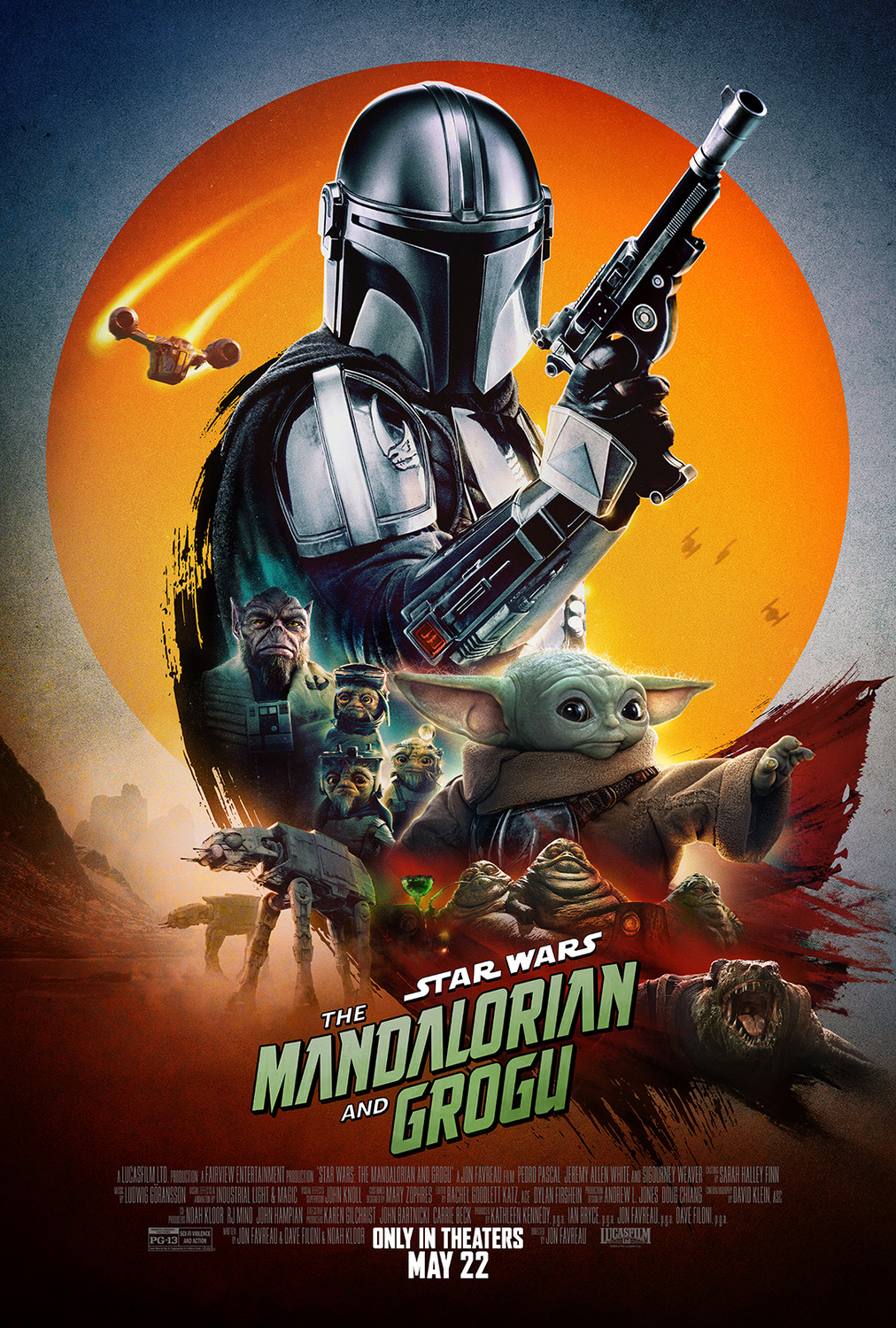 The titular Mandalorian stands centre with his blaster raised and an orange sun behind him. Various other alien characters are featured in a quarter-circle brush stroke stemming from the sun.