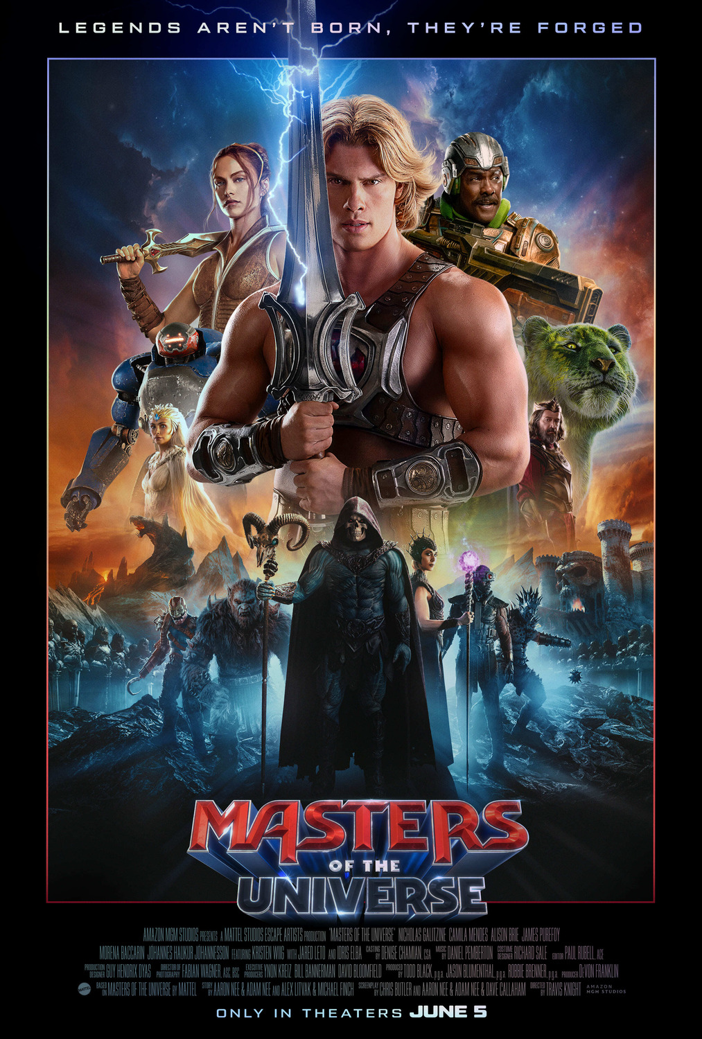 A bisected sea of character midshots, with He-Man and the champions of Eternia at the top and Skeletor and various villains on the bottom, marching toward the viewer.