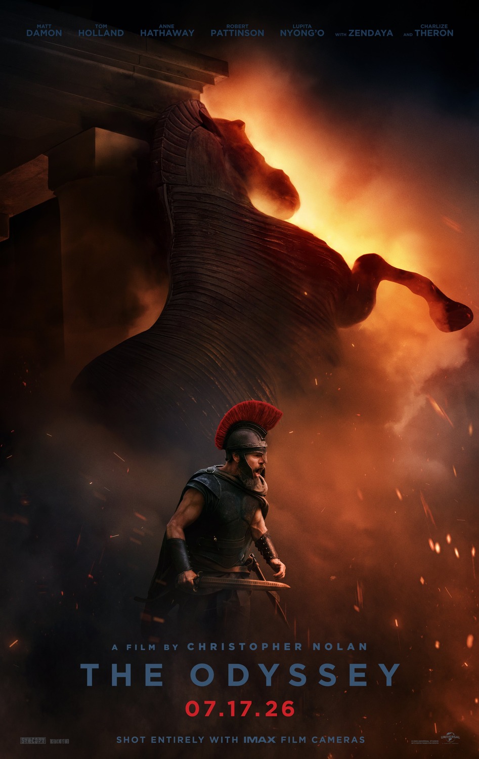 An armoured Odysseus shouts as Troy and the wooden horse burns around him