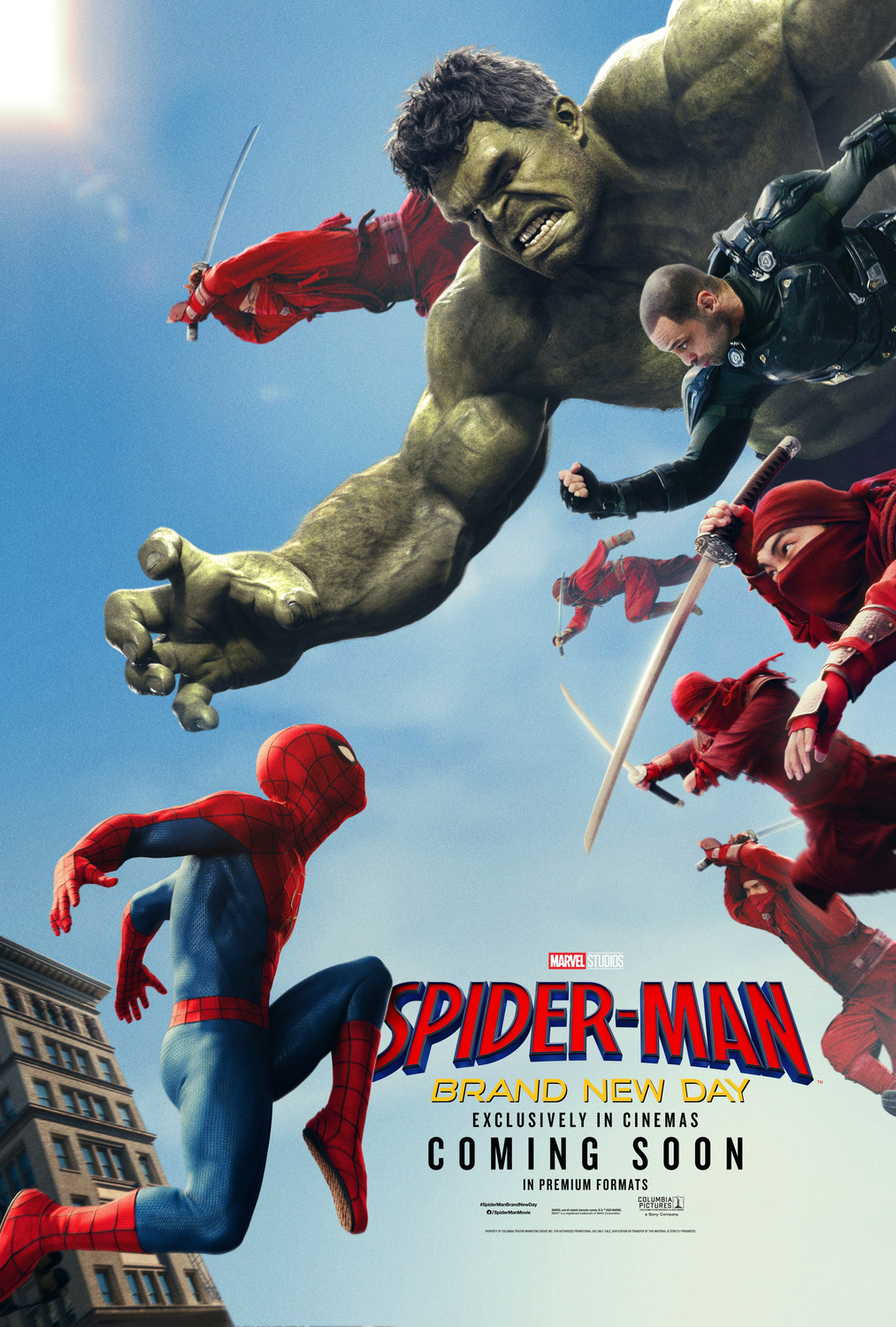 Spider-Man launches himself into the air from the bottom left corner, agains a host of adversaries on the right including ninjas, Scorpion and the Hulk