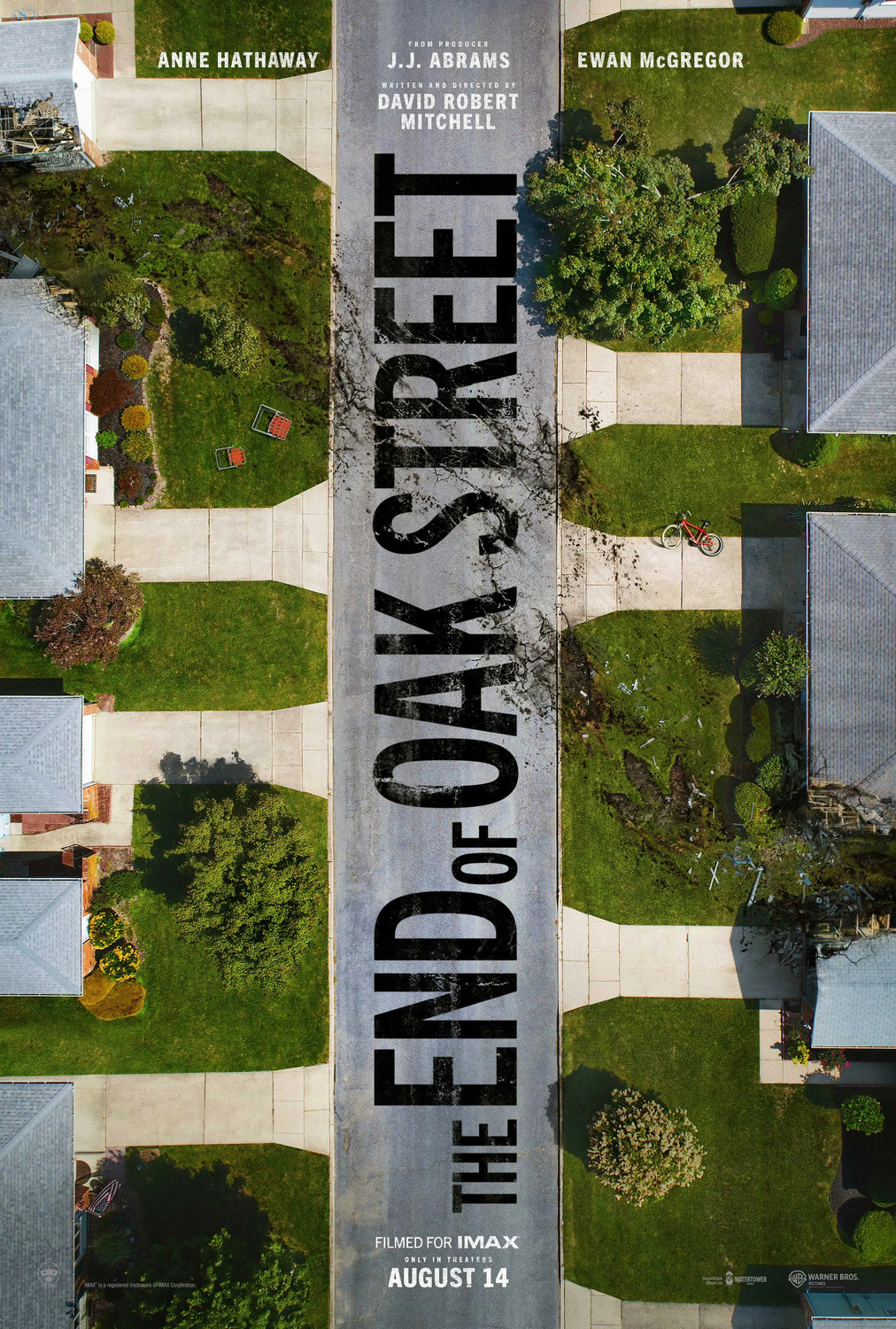 A top down view of a suburban street with examples of debris and chaos caused by dinosaurs