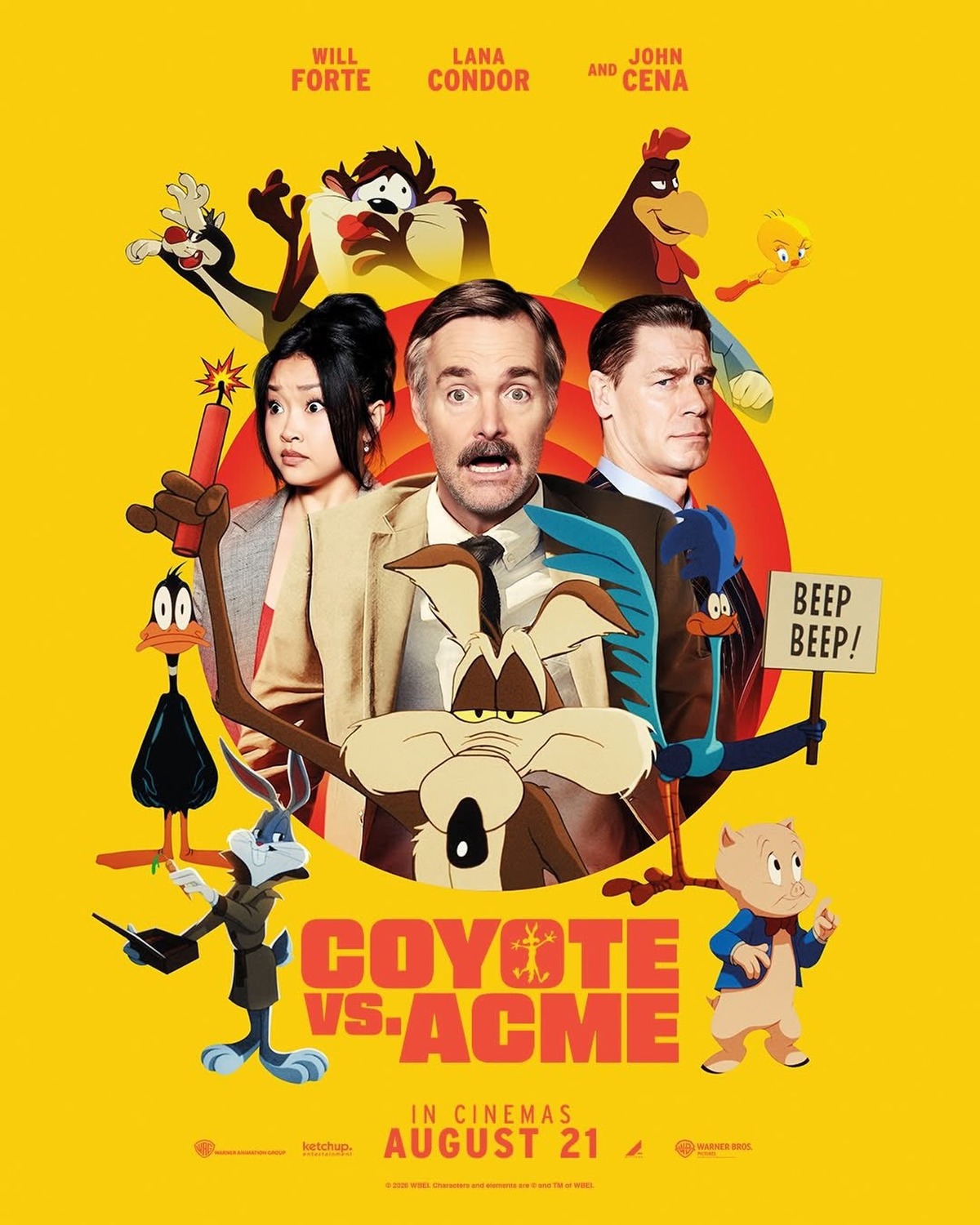Three human characters popping out of the classic Looney Tunes concentric circles on a yellow background, surrounded by classic characters like Wile E Coyote, Bugs Bunny and Daffy Duck